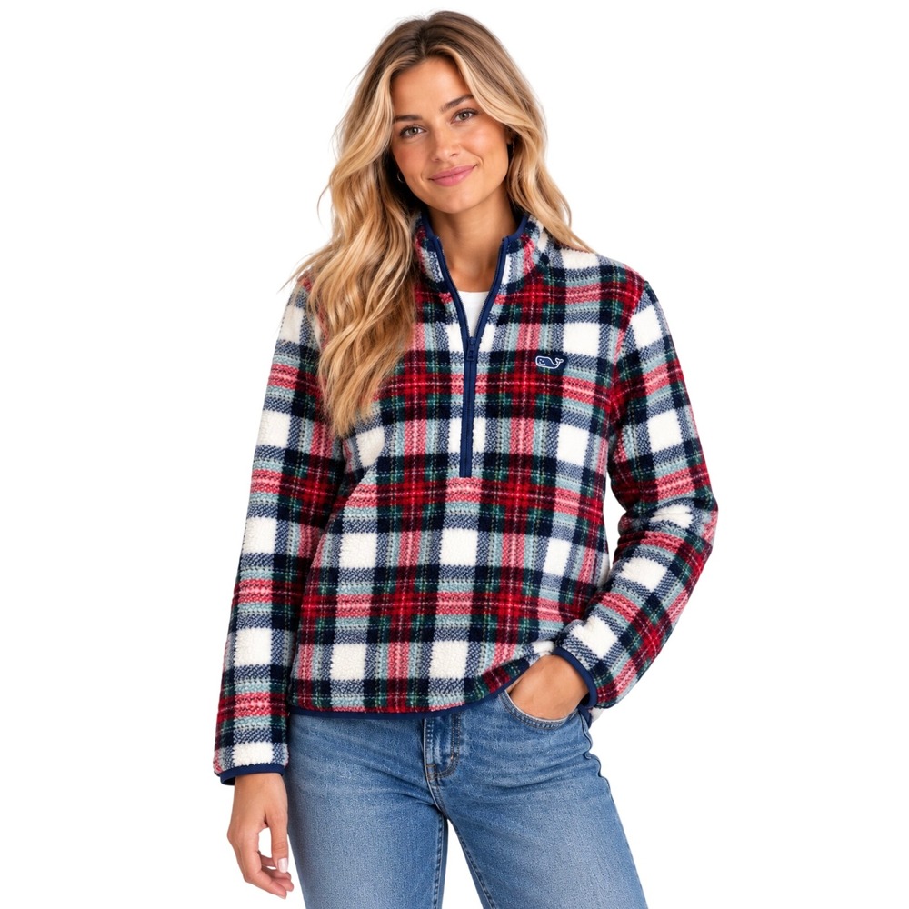 NWT Vineyard Vines Women Plaid Sherpa 1/4 Zip Fleece Pullover Small Red Blue